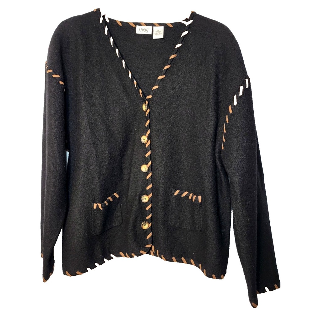 Lucia Black Wool Button Front Cardigan‎ Sweater Tan Whip Stitch Trim Pockets XL